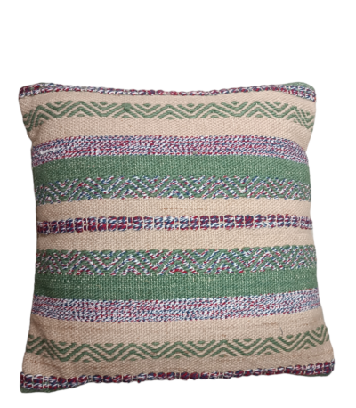 Διακοσμητικό μαξιλάρι 50x50  boho μπεζ με πράσινες και μωβ ρίγες  (με γέμισμα) 