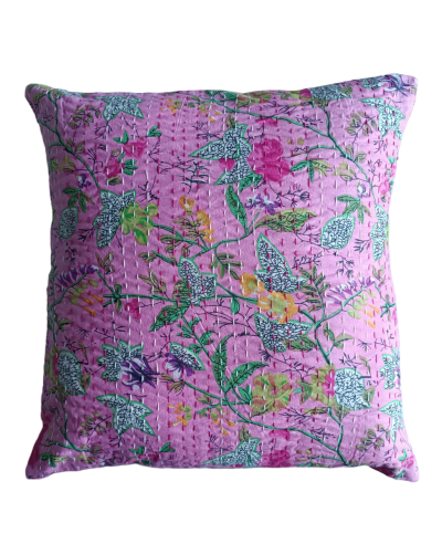 Διακοσμητικό χειροποίητο μαξιλάρι Kantha 40x40 ροζ floral (με γέμιση)