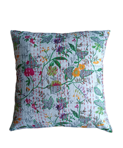 Διακοσμητικό μαξιλάρι Kantha 40x40 λευκό με λουλούδια (με γέμιση)