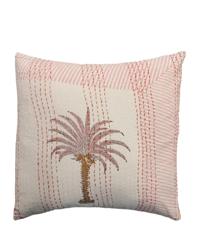 Διακοσμητικό χειροποίητο μαξιλάρι Kantha 40x40 λευκό με ροζ φοίνικες (με γέμιση)