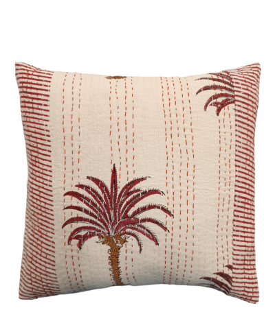 Διακοσμητικό χειροποίητο μαξιλάρι Kantha 40x40 λευκό με μπορντό φοίνικα (με γέμιση)