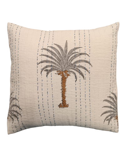Διακοσμητικό χειροποίητο μαξιλάρι Kantha 40x40 λευκό με γκρι φοίνικα (με γέμιση)