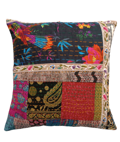Διακοσμητικό χειροποίητο μαξιλάρι Kantha 40x40 πολύχρωμο με λουλούδια, patch work (με γέμιση) 2