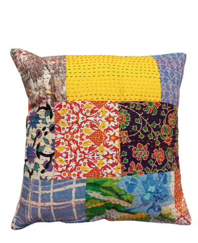 Διακοσμητικό χειροποίητο μαξιλάρι Kantha 40x40 πολύχρωμο με λουλούδια, patch work (με γέμιση)