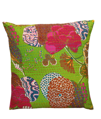 Διακοσμητικό χειροποίητο μαξιλάρι Kantha 40x40 λαχανί με λουλούδια (με γέμιση)