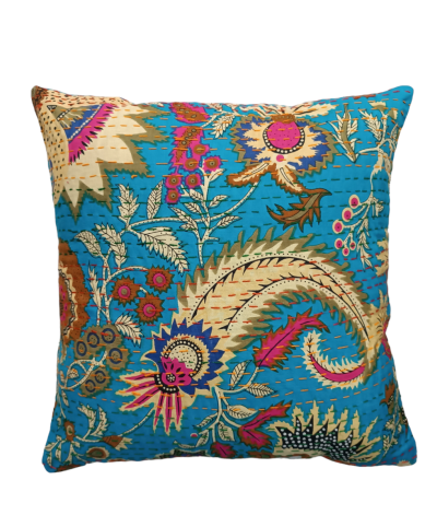 Διακοσμητικό χειροποίητο μαξιλάρι Kantha 40x40 γαλάζιο με λουλούδια (με γέμιση) 2