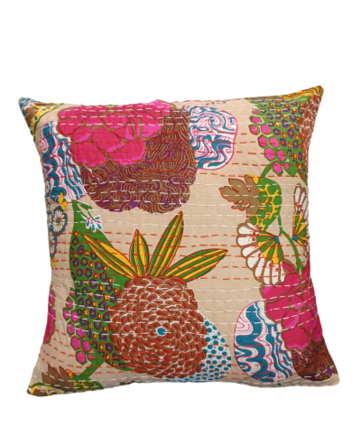 Διακοσμητικό χειροποίητο μαξιλάρι Kantha 40x40 μπεζ με λουλούδια (με γέμιση) 3