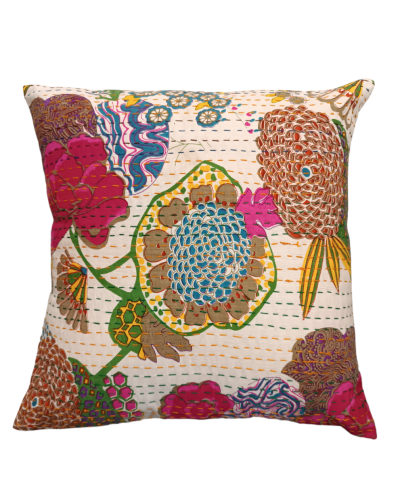 Διακοσμητικό χειροποίητο μαξιλάρι Kantha 40x40 λευκό με λουλούδια (με γέμιση) 2