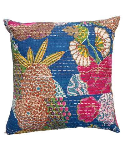 Διακοσμητικό χειροποίητο μαξιλάρι Kantha 40x40  μπλε με λουλούδια (με γέμιση)