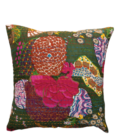 Διακοσμητικό χειροποίητο μαξιλάρι Kantha 40x40 χακί με λουλούδια (με γέμιση)