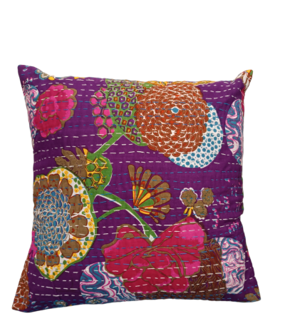 Διακοσμητικό χειροποίητο μαξιλάρι Kantha 40x40 μωβ με λουλούδια (με γέμιση)