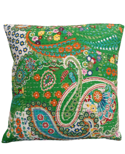 Διακοσμητικό χειροποίητο μαξιλάρι Kantha 40x40 λαχανί με σχέδια (με γέμιση)