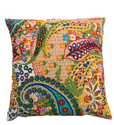 Διακοσμητικό χειροποίητο μαξιλάρι Kantha 40x40 μπεζ με σχέδια (με γέμιση)