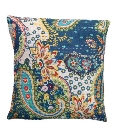 Διακοσμητικό χειροποίητο μαξιλάρι Kantha 40x40 μπλε με σχέδια (με γέμιση) 3
