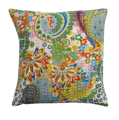 Διακοσμητικό χειροποίητο μαξιλάρι Kantha 40x40 γκρι με σχέδια (με γέμιση)