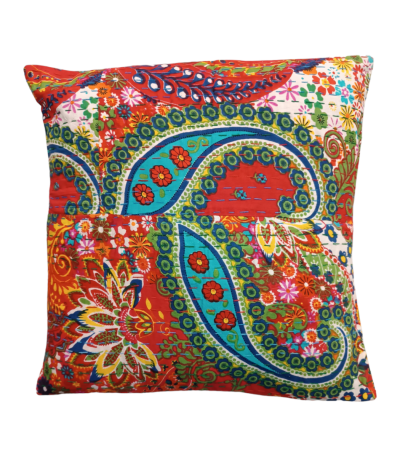 Διακοσμητικό χειροποίητο μαξιλάρι Kantha 40x40 κόκκινο με σχέδια (με γέμιση) 2