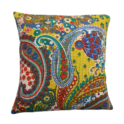 Διακοσμητικό χειροποίητο μαξιλάρι Kantha 40x40 κίτρινο με σχέδια (με γέμιση)