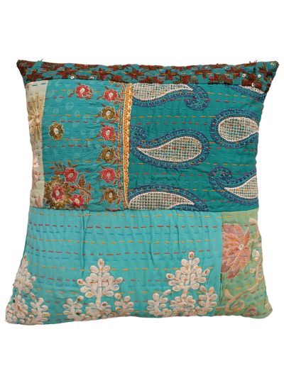 Διακοσμητικό χειροποίητο μαξιλάρι Kantha 40x40 τυρκουάζ patch work (με γέμιση) 