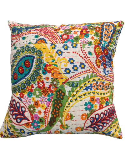 Διακοσμητικό χειροποίητο μαξιλάρι Kantha 40x40 άσπρο με σχέδια (με γέμιση)