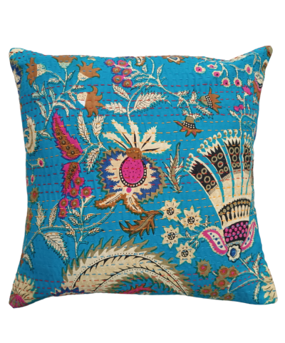 Διακοσμητικό χειροποίητο μαξιλάρι Kantha 40x40 floral μπλε (με γέμιση) 