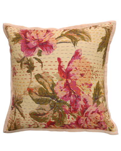 Διακοσμητικό μαξιλάρι Kantha 40x40 μπεζ με λουλούδια (με γέμιση)