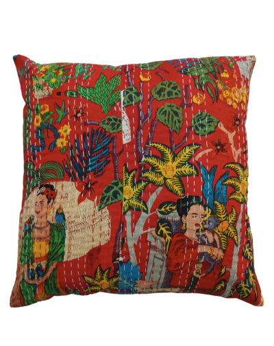 Διακοσμητικό χειροποίητο μαξιλάρι Kantha 40x40 κόκκινο με Geisha (με γέμιση) 