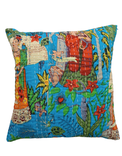 Διακοσμητικό χειροποίητο μαξιλάρι Kantha 40x40 γαλάζιο με Geisha (με γέμιση)