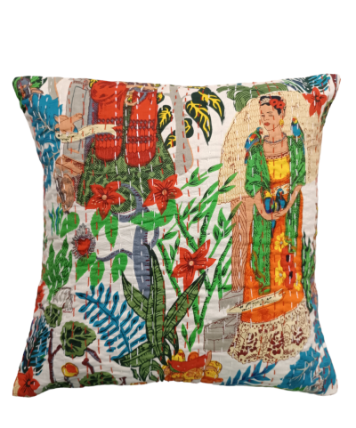 Διακοσμητικό χειροποίητο μαξιλάρι Kantha 40x40 λευκό με Geisha (με γέμιση) 