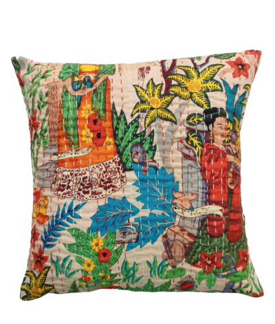 Διακοσμητικό χειροποίητο μαξιλάρι Kantha 40x40 μπεζ με Geisha (με γέμιση)