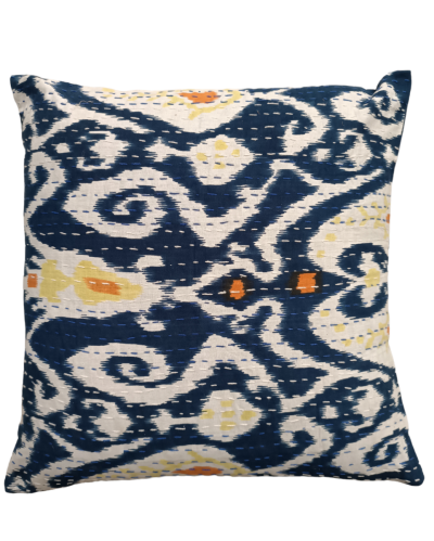 Διακοσμητικό χειροποίητο μαξιλάρι Kantha 40x40 άσπρο-μπλε σχέδια (με γέμιση)
