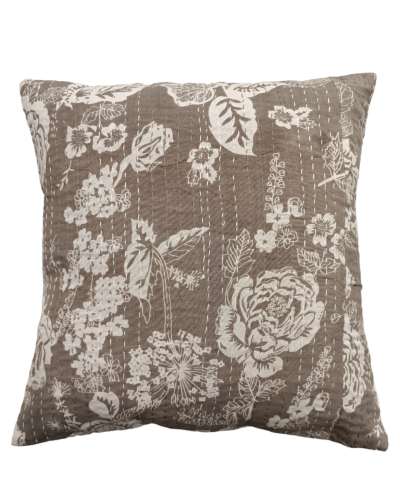 Διακοσμητικό μαξιλάρι Kantha 40x40 γκρι-μπεζ με λουλούδια (με γέμιση)  