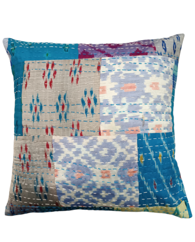 Διακοσμητικό χειροποίητο μαξιλάρι Kantha 40x40 γαλάζιο patch work (με γέμιση)