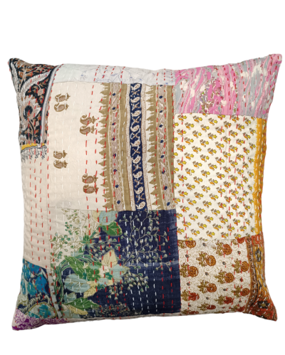 Διακοσμητικό χειροποίητο μαξιλάρι Kantha 40x40 μπεζ patch work (με γέμιση)