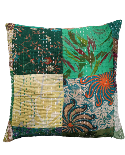 Διακοσμητικό χειροποίητο μαξιλάρι Kantha 40x40 πράσινο patch work (με γέμιση)