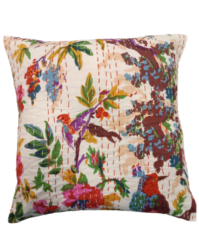 Διακοσμητικό χειροποίητο μαξιλάρι Kantha 40x40 άσπρο με λουλούδια και πουλάκια (με γέμιση)