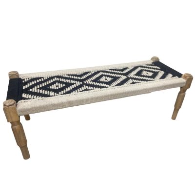 Ταμπουρέ με πλέξη macrame μαύρο-μπεζ  με ξύλινα πόδια 120x45x40