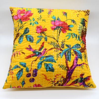 Διακοσμητικό μαξιλάρι Kantha 40x40 κίτρινο με λουλούδια (με γέμιση)