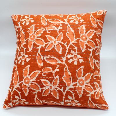 Διακοσμητικό μαξιλάρι Kantha 40x40 πορτοκαλί με λουλούδια (με γέμιση)